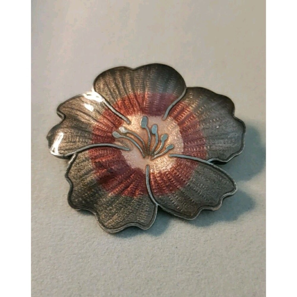 Hibiscus Flower Cloisonne Enamel Beige & Pink Brooch Pin Vintage Jewelry